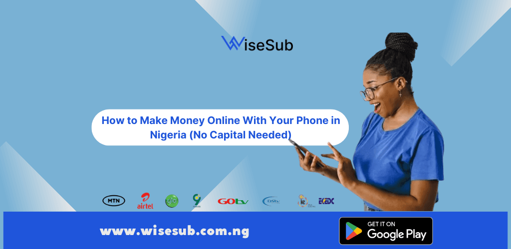 Nigerian person using a smartphone to make money online through data reselling on WiseSub