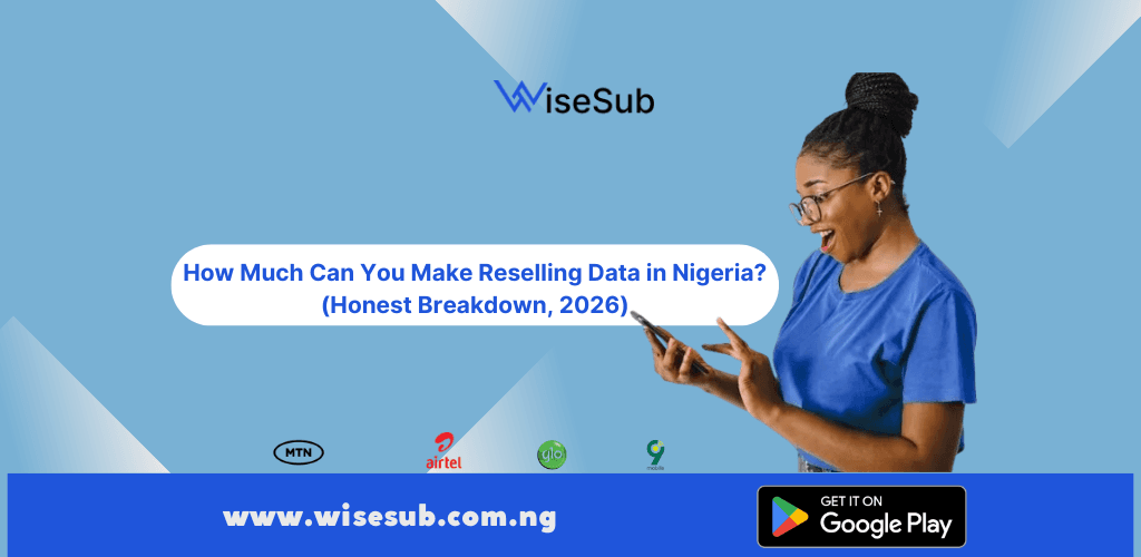 Nigerian data reseller calculating monthly income from selling data bundles via smartphone
