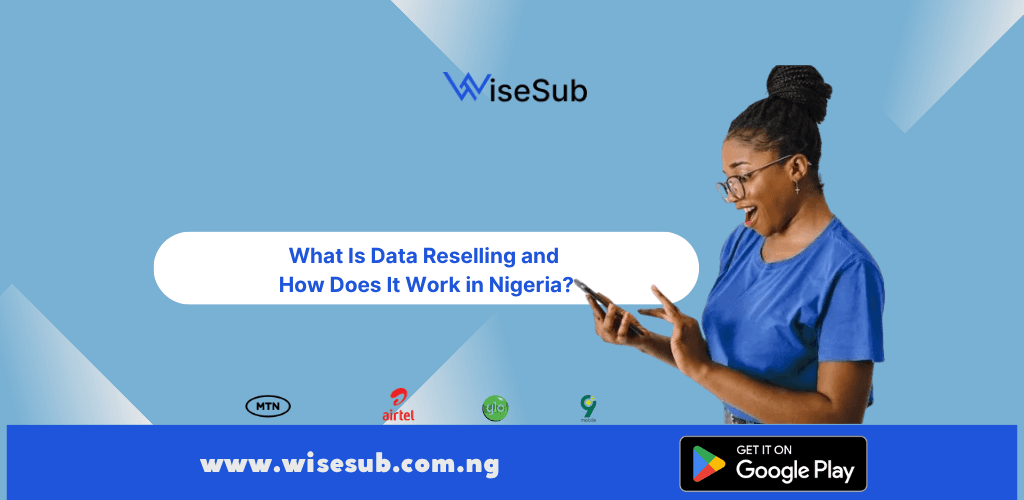Simple explanation of what data reselling is with a person using a phone to buy and sell data