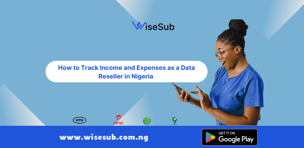 Data reseller in Nigeria tracking income and expenses using a mobile app to calculate actual profit